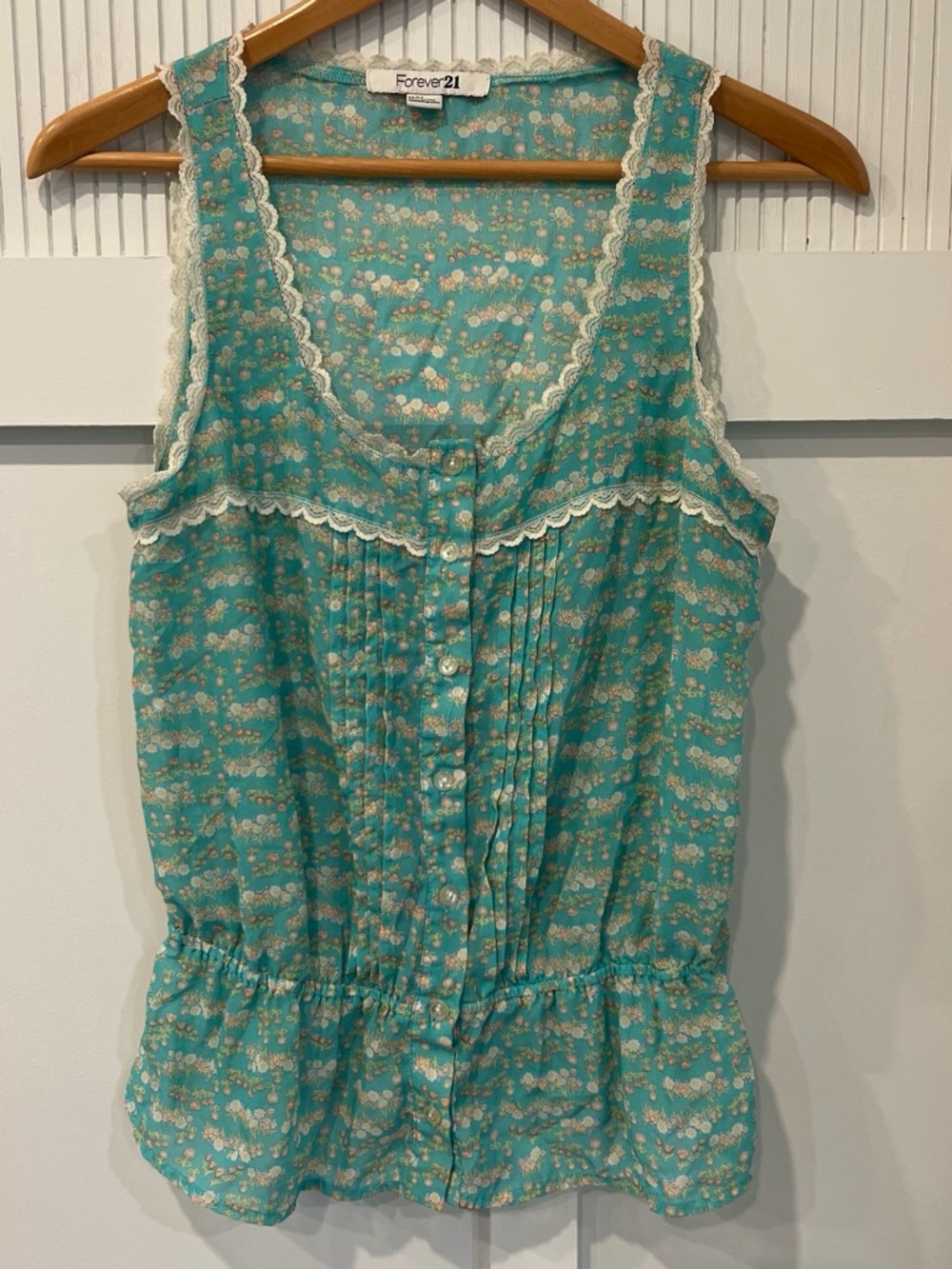 Forever 21 Vintage Y2K Turquoise Floral Lace-Trim Sleeveless Peplum Blouse